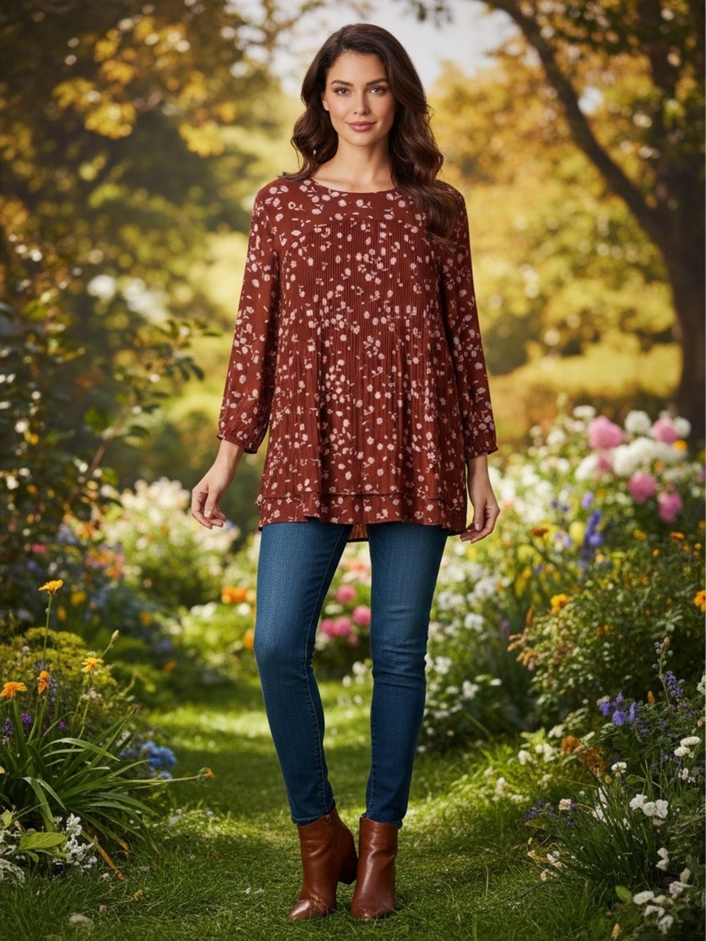 Penningtons Floral Pleated Rust Orange Blouse - Women size 4X